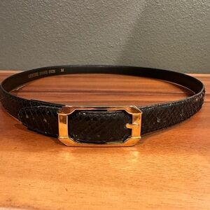 Vintage Genuine Snake Skin Black Leather Belt with Gold Buckle